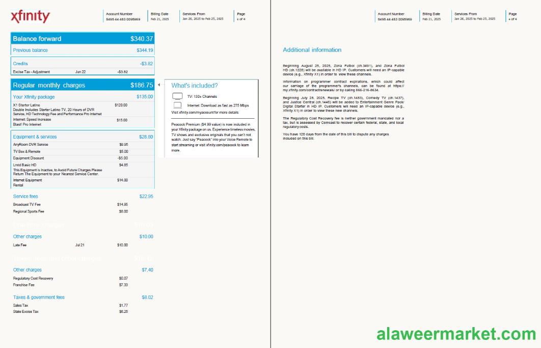 USA Xfinity utility bill template in Word and PDF formats, 4 pages, version 2, 3-4 pages